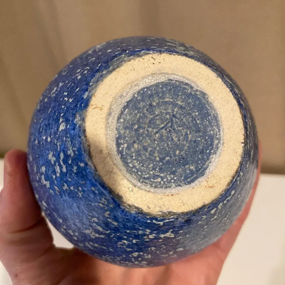 Antique Blue Spongeware Pottery Vase - 6” Small Rustic‎ Vintage Decor